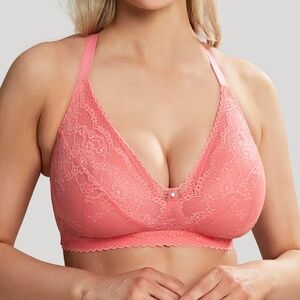 NEW Cleo by Panache Alexis Wirefree Bra J-Hook Lace Bralette 10476 Sunkiss Coral
